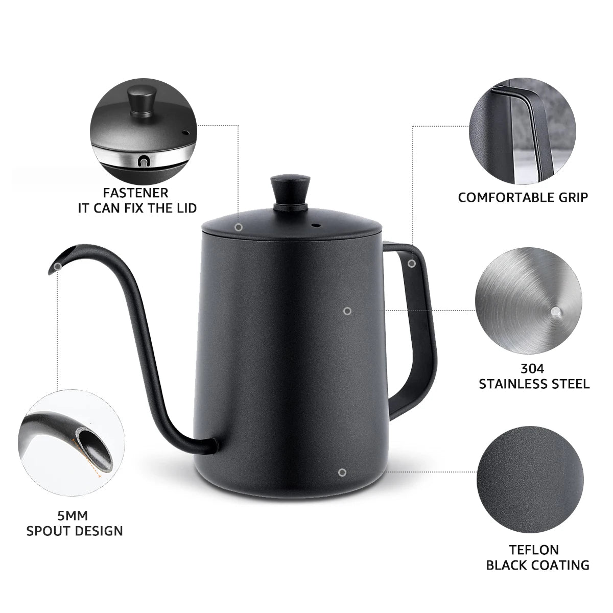 Bouilloire à café à bec col de cygne en acier inoxydable 350/600ML pour le café filtre, avec bec fin